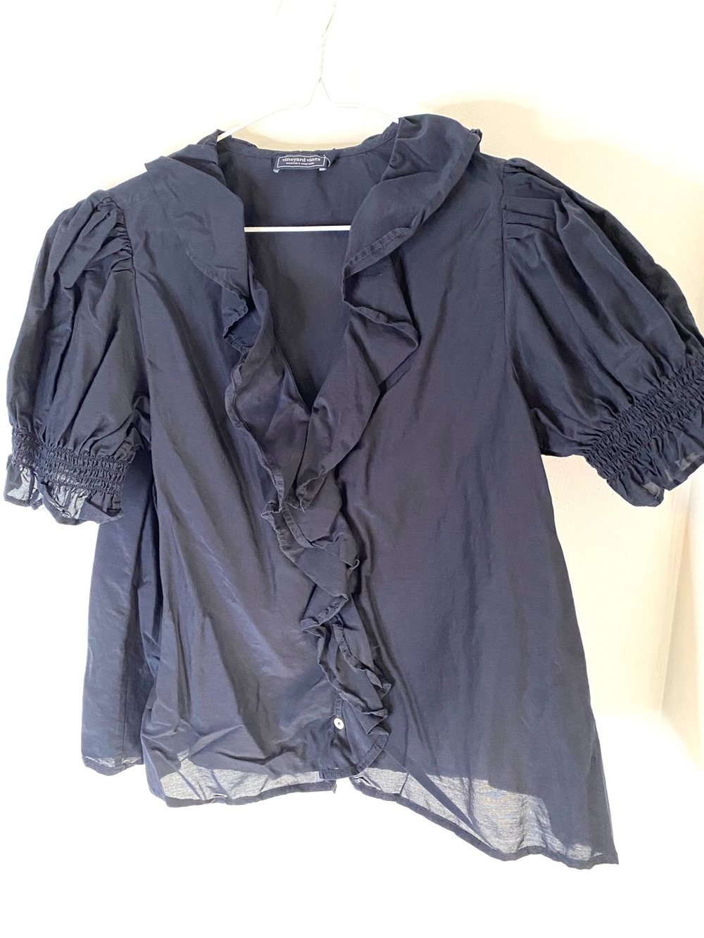 Vineyard Vines Midnight Navy Cotton Silk Ruffle Puff Sleeve Blouse